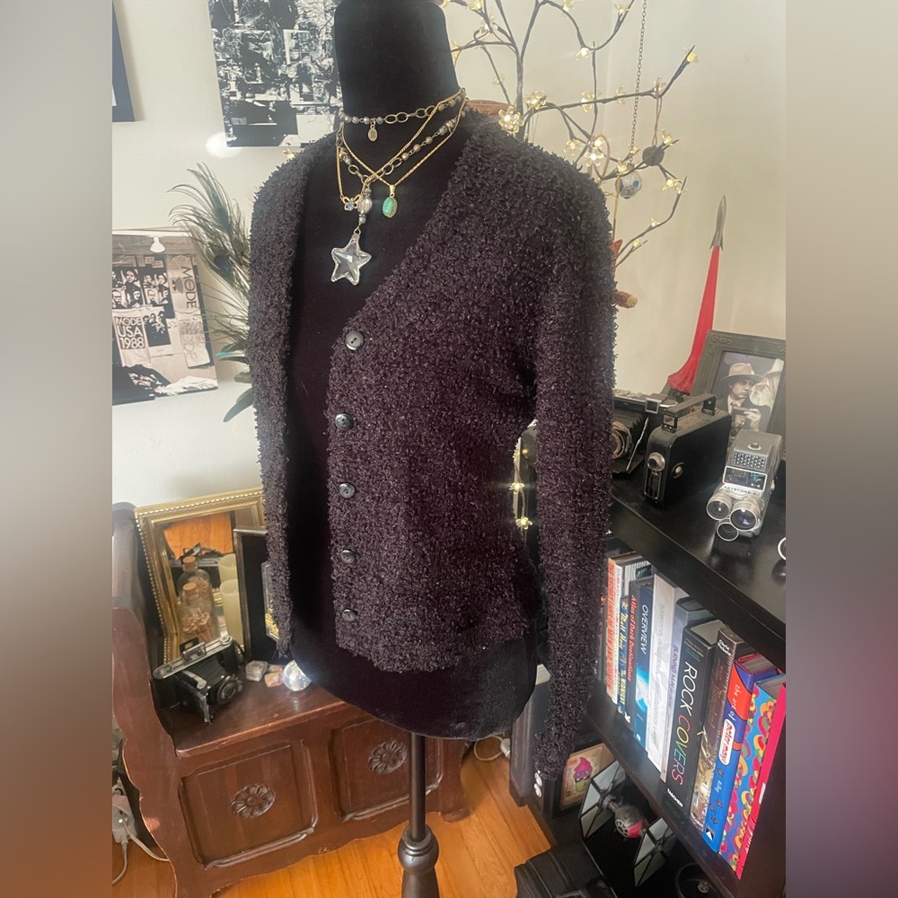 True Vintage 90’s Forever 21 Black Fuzzy Cardigan Sz M - y2k mall goth